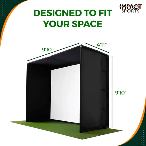 Indoor Golf Simulator Enclosure With Impact Screen Easy Setup Home Practice Cage shown in 9'10'' x 4'11'' x 9'10'' dimensions