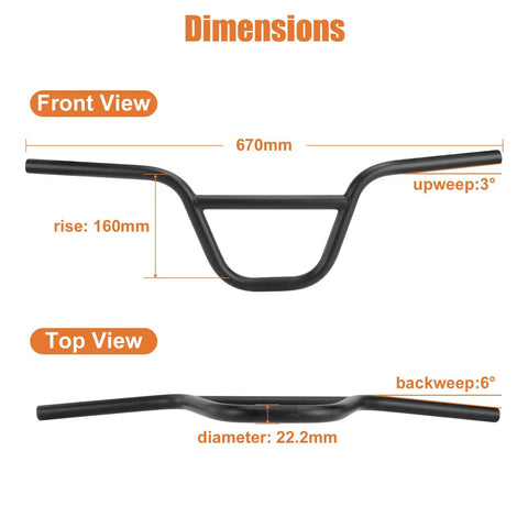 Dimensions of Beefy 22.2mm BMX Handlebar 670mm Wide High Rise 160mm With 6 Degree Backsweep And 3 Degree Upsweep Steel Riser Bar