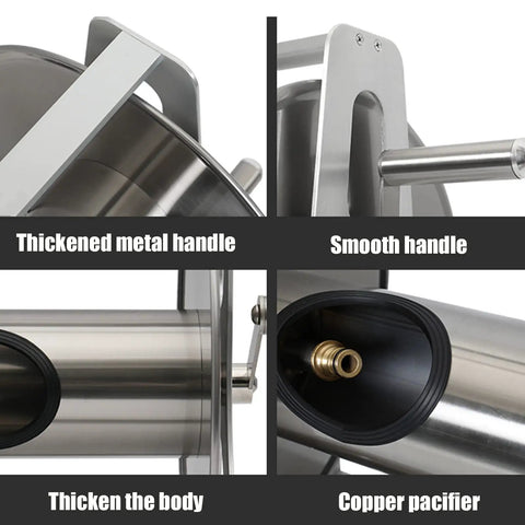 Close-up view of the Heavy Duty Stainless Steel Wall Mounted Garden Hose Reel highlighting thickened metal handle and copper pacifier.