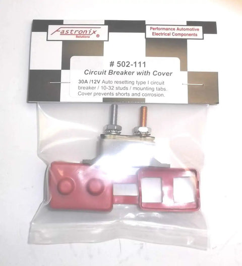 Front view of 30 Amp 12 Volt Type 1 Automatic Reset Circuit Breaker with red vinyl cover, two stud terminals, in packaging.