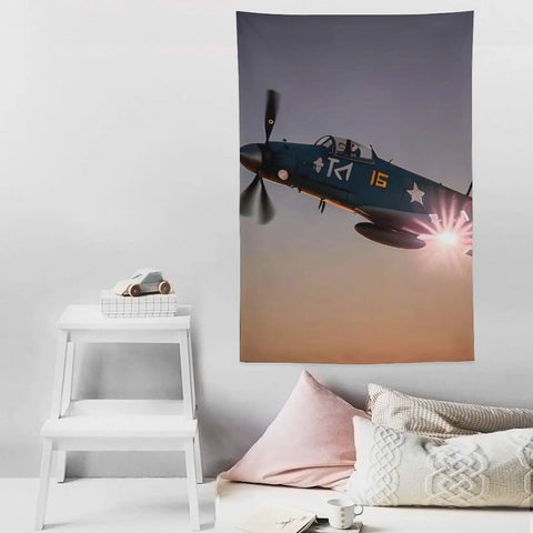 World War II Aircraft Wall Tapestry Large Polyester Print With Easy Hang Kit in a modern room setting