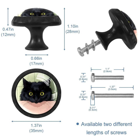 4 Pack Cartoon Black Cat Cabinet Knobs Set, Glass Drawer Knobs with dimensions and screws shown, black base