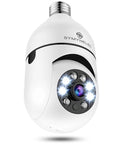 Plug And Play Light Bulb Security Camera 2K with LED lights, wireless WiFi, 360-degree pan tilt, color night vision in white.