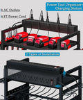 Power Tool Organizer Cart With Charging Station On Wheels For Heavy Duty Garage Use Rolling Tool Storage Cart For Drills Batteries Bits And Accessories Neat Workbench Shelving Unit For Grab And Go Access showing charging station with 8 AC outlets and batteries.
