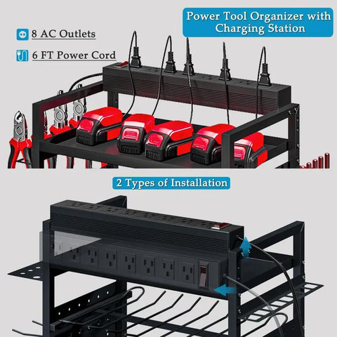 Power Tool Organizer Cart With Charging Station On Wheels For Heavy Duty Garage Use Rolling Tool Storage Cart For Drills Batteries Bits And Accessories Neat Workbench Shelving Unit For Grab And Go Access showing charging station with 8 AC outlets and batteries.