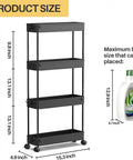 Slim Rolling Storage Cart Four Tier Organizer For Kitchen And Bathroom, Space Saving Mobile Shelving Unit For Makeup Craft Laundry In Narrow Spaces Black with size chart and detergent bottle for scale.