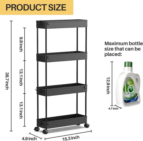 Slim Rolling Storage Cart Four Tier Organizer For Kitchen And Bathroom, Space Saving Mobile Shelving Unit For Makeup Craft Laundry In Narrow Spaces Black with size chart and detergent bottle for scale.