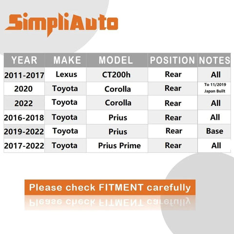 Fitment chart for Rear Wheel Bearing And Hub Assembly 512547 Fits Toyota Corolla 2020 2022 Prius 2016 2022 Prius Prime 2017 2022 Lexus Ct200h 2011 2017