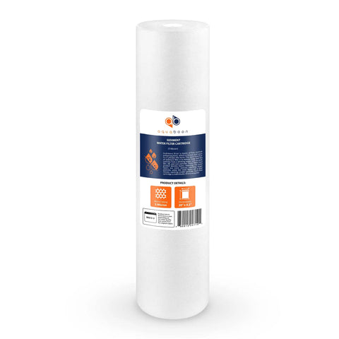 Five Micron Whole House Water Filter Cartridge 20 By 4.5 Inch Sediment Filter Replacement For DGD 5005 20 FP25B AP810 2 Keeps Sand Rust And Sediment Out 6 Pack, showing filter design