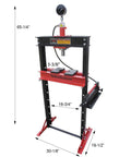 Rugged Gearhead Favorite 12 Ton Manual Hydraulic Shop Press With Eight Height Adjustments And Side Shifting Ram, 65.25 inch height, red and black.