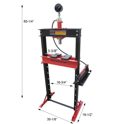 Rugged Gearhead Favorite 12 Ton Manual Hydraulic Shop Press With Eight Height Adjustments And Side Shifting Ram, 65.25 inch height, red and black.