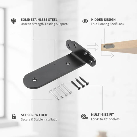 Solid Stainless Steel Floating Shelf Brackets With Hidden Wall Mount Hardware For Wood Shelves, brushed black bracket with screws, 4" to 12"