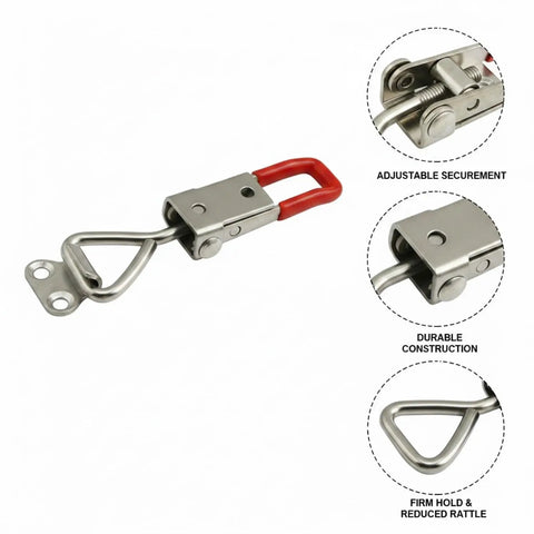 Heavy Duty Adjustable Stainless Steel Toggle Latch Quick Release Draw Clamp for Toolboxes and Cabinets with red handle detail