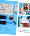 Hands On Telegraph Model Kit For Kids And Students, parts layout showing wooden pieces, electronic components for STEM project
