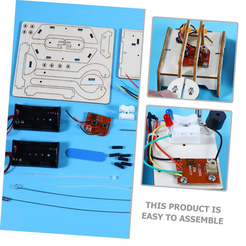 Hands On Telegraph Model Kit For Kids And Students, parts layout showing wooden pieces, electronic components for STEM project
