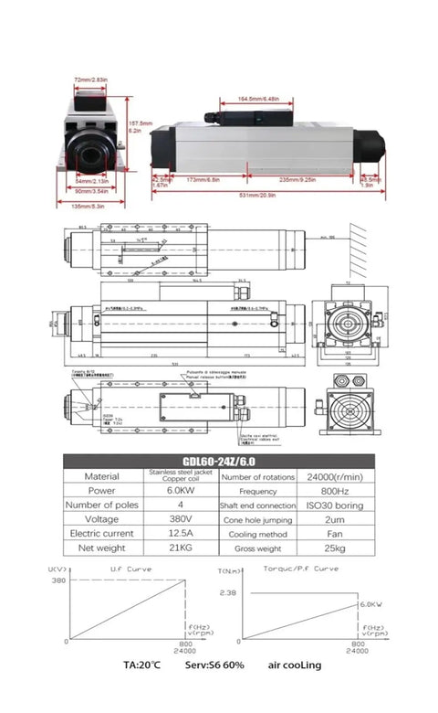 Rock Solid Top Tier Heavy Duty Reliable Spindle Motor Running No Sweat For Cnc Routers While Delivering Full Throttle 6000W Power With Air Cooling And Smooth 24000Rpm Torque, detailed specifications and dimensions.