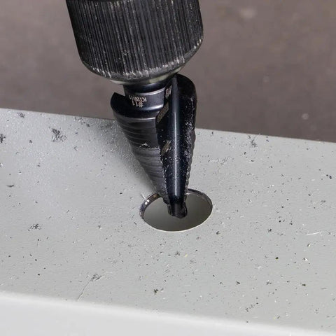 Step Drill Bit With Aluminum Titanium Nitride Coating For Long Lasting Durability, drilling through metal surface, clean cut hole.
