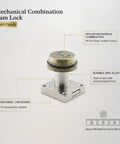 Keyless Mechanical Combination Cam Lock in Gold Zinc Alloy for drawers and cabinets, showing a rotating dial and metal finish.