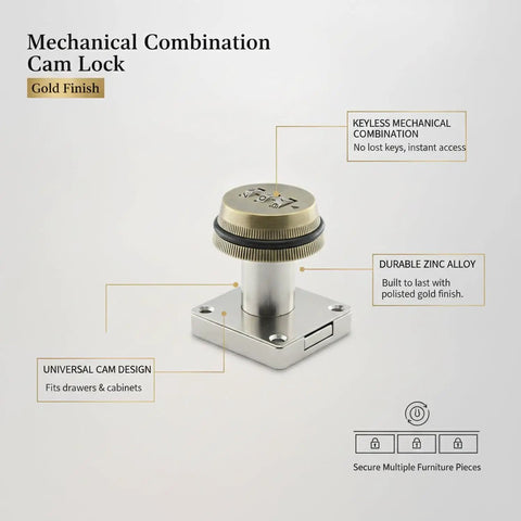 Keyless Mechanical Combination Cam Lock in Gold Zinc Alloy for drawers and cabinets, showing a rotating dial and metal finish.