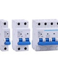 Heavy Duty Plug And Play Dc Circuit Breaker For Solar Panels And Photovoltaic Arrays showing three models with blue switches.