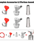 Two Pack Ball Lock Disconnect Fittings With Five Sixteenths Inch Stainless Steel Gas Barb For Kegging Setups, MFL Quick Disconnect Swivel Nut Design, Compatible With Ball Lock Posts And Sankey Adapters; white gas disconnects, barb, clamp
