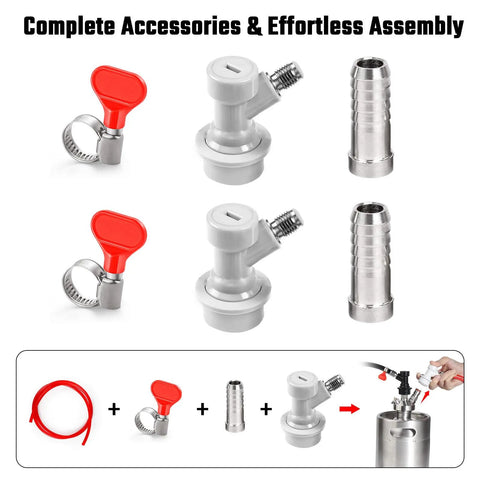 Two Pack Ball Lock Disconnect Fittings With Five Sixteenths Inch Stainless Steel Gas Barb For Kegging Setups, MFL Quick Disconnect Swivel Nut Design, Compatible With Ball Lock Posts And Sankey Adapters; white gas disconnects, barb, clamp