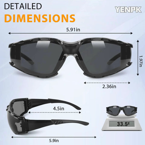 Detailed dimensions of Snag These Hella Clear Anti Fog Safety Glasses With Thick Foam Cushion and Secure Strap.