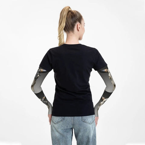 Steampunk Bull Skull With Gears And Mechanical Accent Adult Cooling Arm Sleeves featuring thumbhole grip on model's arms from behind.