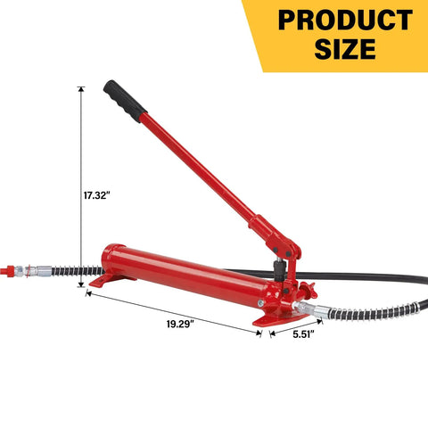 Industrial Grade 10 Ton Hydraulic porta power pack with sturdy rust proof chrome ram plunger, 19.29" long hand pump and hose.