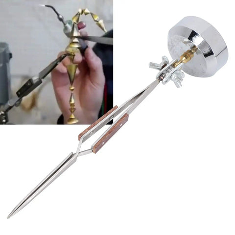 Top Tier Fabater Third Hand Stand With Tweezer Lock Features straight and curved tips plus 360 rotation spring rebound craft tool in use.