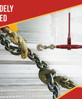 Image of 2 Pack Heavy Duty Ratchet Lever Load Binder Five Sixteenths To Three Eighths Inch Chain With Grab Hooks And Eye 7100 Lbs Working Load Limit Red Finish Tie Down For Flatbed Truck Trailer in use on a trailer