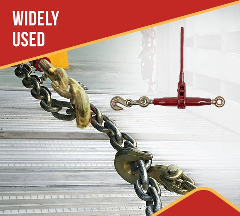Image of 2 Pack Heavy Duty Ratchet Lever Load Binder Five Sixteenths To Three Eighths Inch Chain With Grab Hooks And Eye 7100 Lbs Working Load Limit Red Finish Tie Down For Flatbed Truck Trailer in use on a trailer