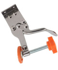 Vertical Toggle Clamp in Stainless Steel with no-slip grip, ideal for woodworking and cabinetry, shown with durable orange case.