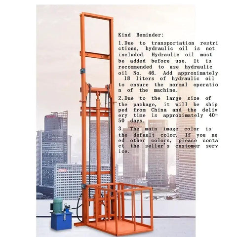 Heavy Duty Hydraulic Lift Platform With Reinforced Steel Frame And 1000 Kilogram Capacity For Warehouses Or Job Sites showing tall orange lift with hydraulic system in urban setting.