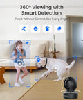 Child and dog inside home tracked by E1 Pro Indoor Camera 3K Pan Tilt WiFi For Baby And Pet Monitoring With Auto Tracking.