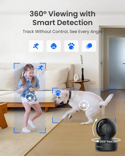 Child and dog inside home tracked by E1 Pro Indoor Camera 3K Pan Tilt WiFi For Baby And Pet Monitoring With Auto Tracking.