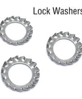Three 304 Stainless Steel External Tooth Star Lock Washers, M6, corrosion-resistant, for fasteners hardware automotive DIY projects.