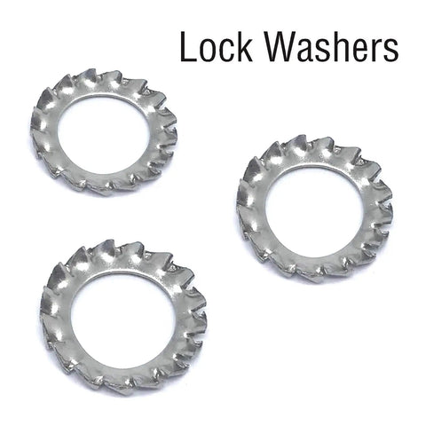 Three 304 Stainless Steel External Tooth Star Lock Washers, M6, corrosion-resistant, for fasteners hardware automotive DIY projects.