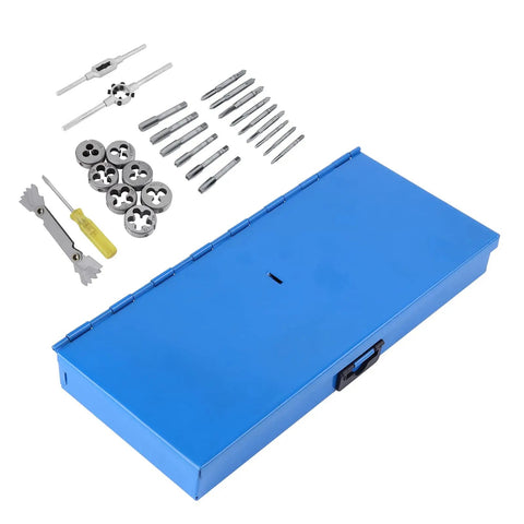 Must Have Metric Thread Cutting Die Tap And Die Set Crafted From Tough Alloy Steel To Restore Or Create Perfect Threads On Steel And Stainless With Adjustable Wrench For Your Metalworking Vehicle Machinery Repair Needs. 21 taps, 7 dies in blue case