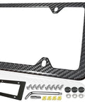 Top Shelf Real Carbon Fiber License Plate Frame With Heavy Duty Stainless Steel Core And High Gloss UV Coating with hardware accessories.