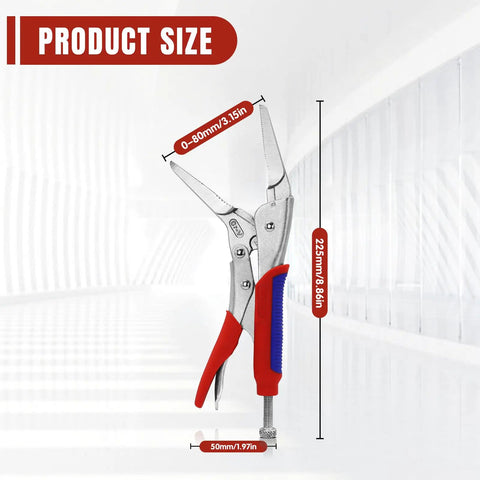 9 Inch Needle Nose Locking Pliers With Cr V Steel Jaws Adjustable Clamping Screw heavy duty size image showing dimensions and grip.