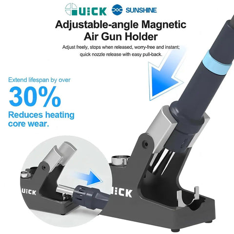 Adjustable-angle magnetic air gun holder for Beefy 1000W Hot Air Desoldering Station with quick nozzle release.
