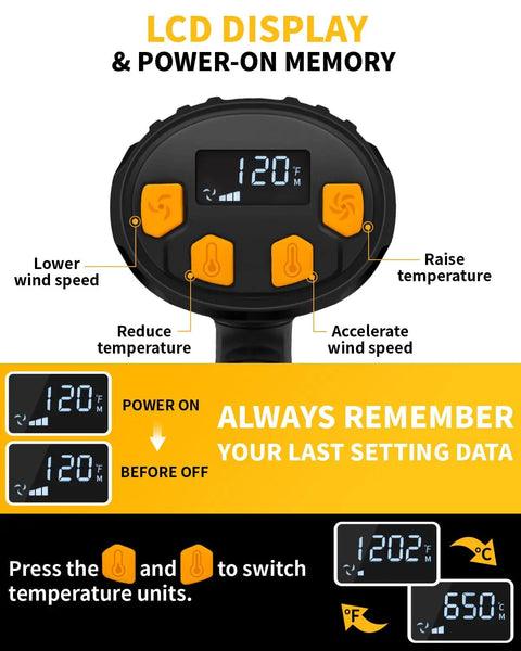 LCD display and controls of 1500W Heavy Duty Heat Gun With Pro Grade Variable Temperature Control And Overheat Protection