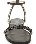 Front view of Kensy Flat Sandal For Women In Champagne With Ornate Embellishment And Breathable Leather Lining Easy Slip On Comfort Sandal