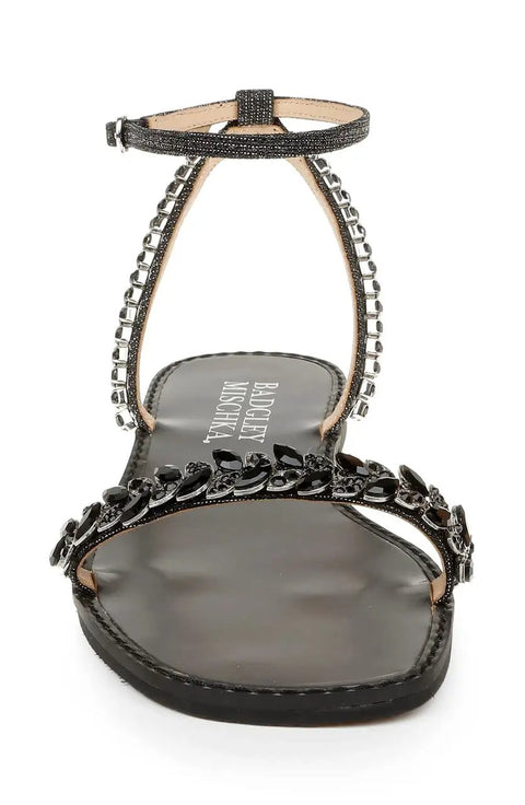 Front view of Kensy Flat Sandal For Women In Champagne With Ornate Embellishment And Breathable Leather Lining Easy Slip On Comfort Sandal