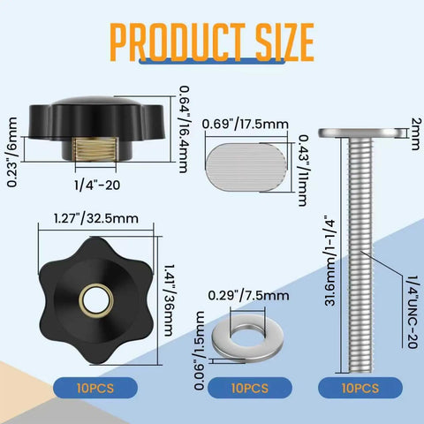 Product size details for Ten Pack 1/4-20 T Track Knob Kit With 1-1/4 Inch T-Slot Bolts, Star Knobs And Washers For Woodworking Jigs.