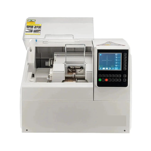 Built Tough 2d Patternless Auto Lens Edger Machine With Fully Automatic Tracing For Eyewear Labs and Optical Shops, front view with control panel.