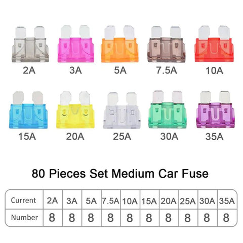 Straight Up Rock Solid 80 Piece Professional Grade Standard Blade Fuse Assortment Kit For Cars Trucks And Boats With Easy Grip Pry Tool 2A 3A 5A 7.5A 10A 15A 20A 25A 30A 35A colorful fuse assortment with amperage labels