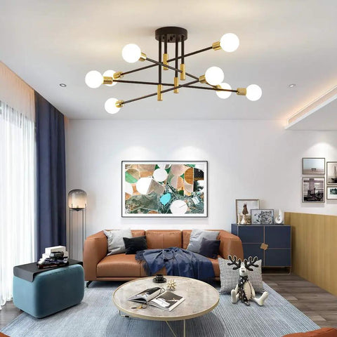 Mid Century Modern Chandelier Ceiling Light Fixture With Black And Gold Finish in a stylish living room setting