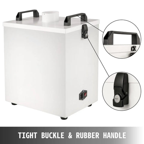 Close-up of the Straight Up Big Time 80W Air Purifier And Fume Extractor, showing metal housing, tight buckle, and rubber handle.